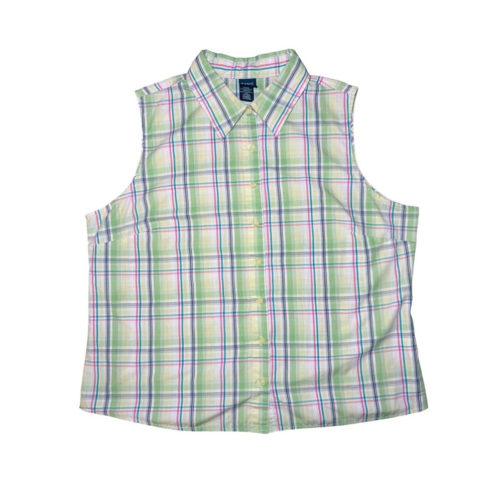 Basic Editions Womens XL Green Pink Plaid Sleeveless Button Down Top